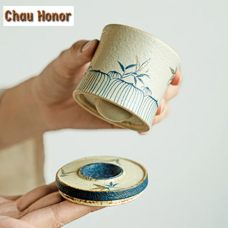 80ml Blue And White Flint Red Teacup Gold Drawing Bamboo Tea Bowl Decompression Spin Cup Meditation Cup Jianzhan Chinese Tea Set