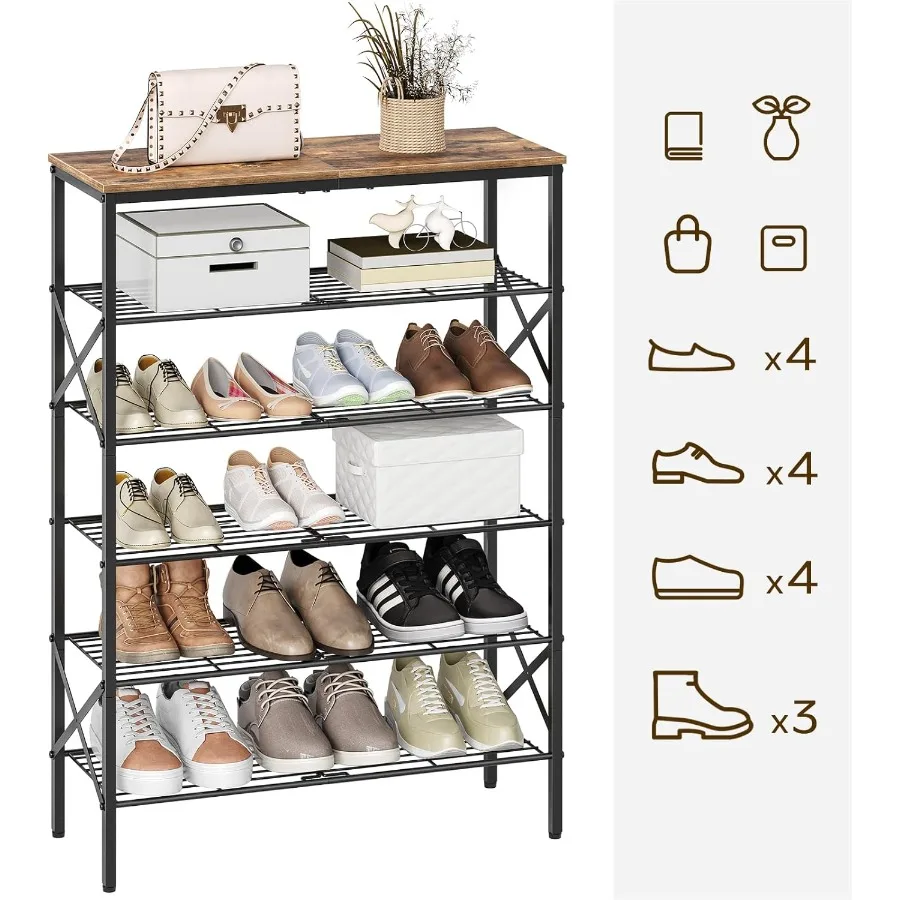 6Tier Shoe Rack Shoe Storage Organizer for Closet Free Standing Shoe Organizer with Metal Mesh Shelves 24 Pairs of Shoes Rustic