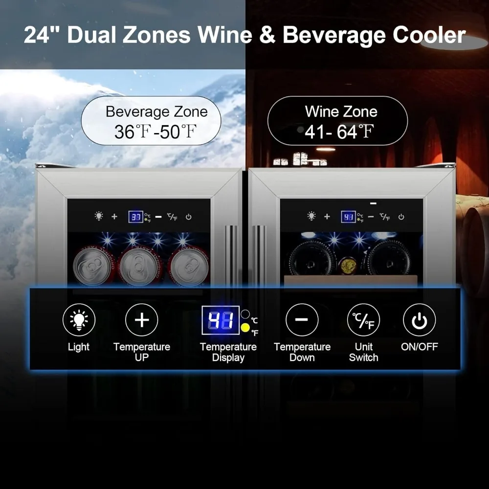 Tylza Wine and Beverage Refrigerator 24 Inch Dual Zone, French Door Wine and Beverage Cooler 24'' Built-In