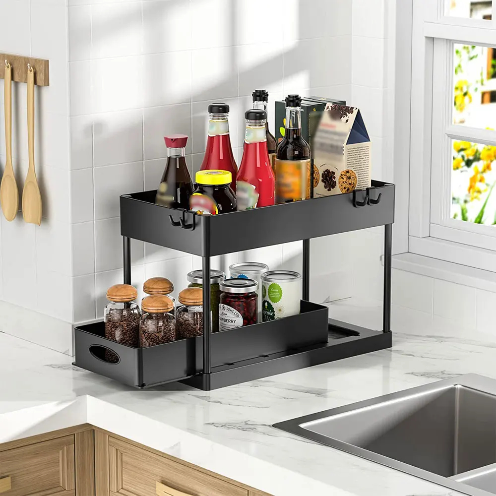 

Kitchen Organizer Under Sink Organizer Sliding Drawer Storage Rack 2 Tier Organizer Storage Multipurpose Holder Rack for Kitchen