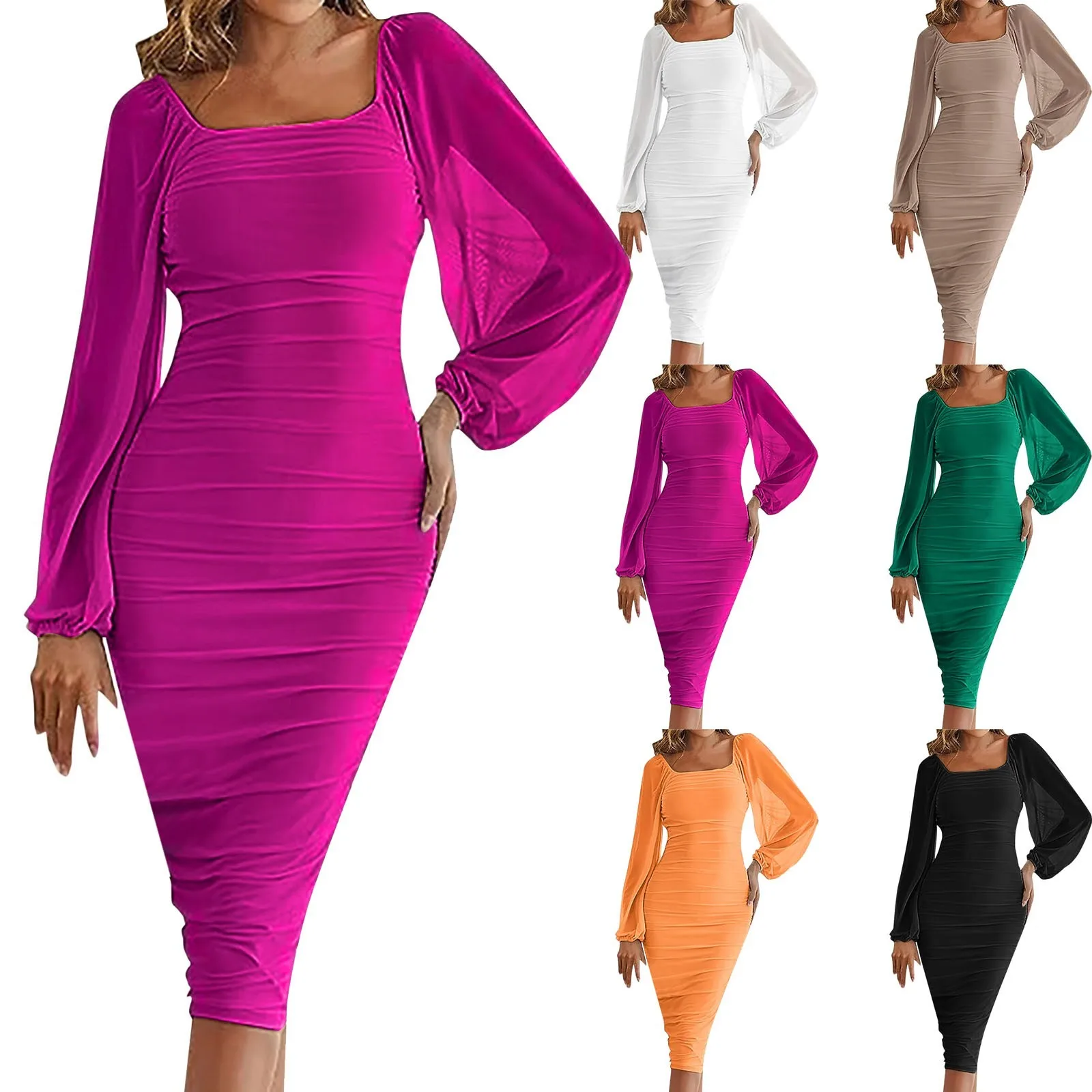 

Solid color Mesh White Midi Dresses Women Clothing Off Shoulder Long Sleeves Autumn Dress Backless Ruched Sexy Party Vestido