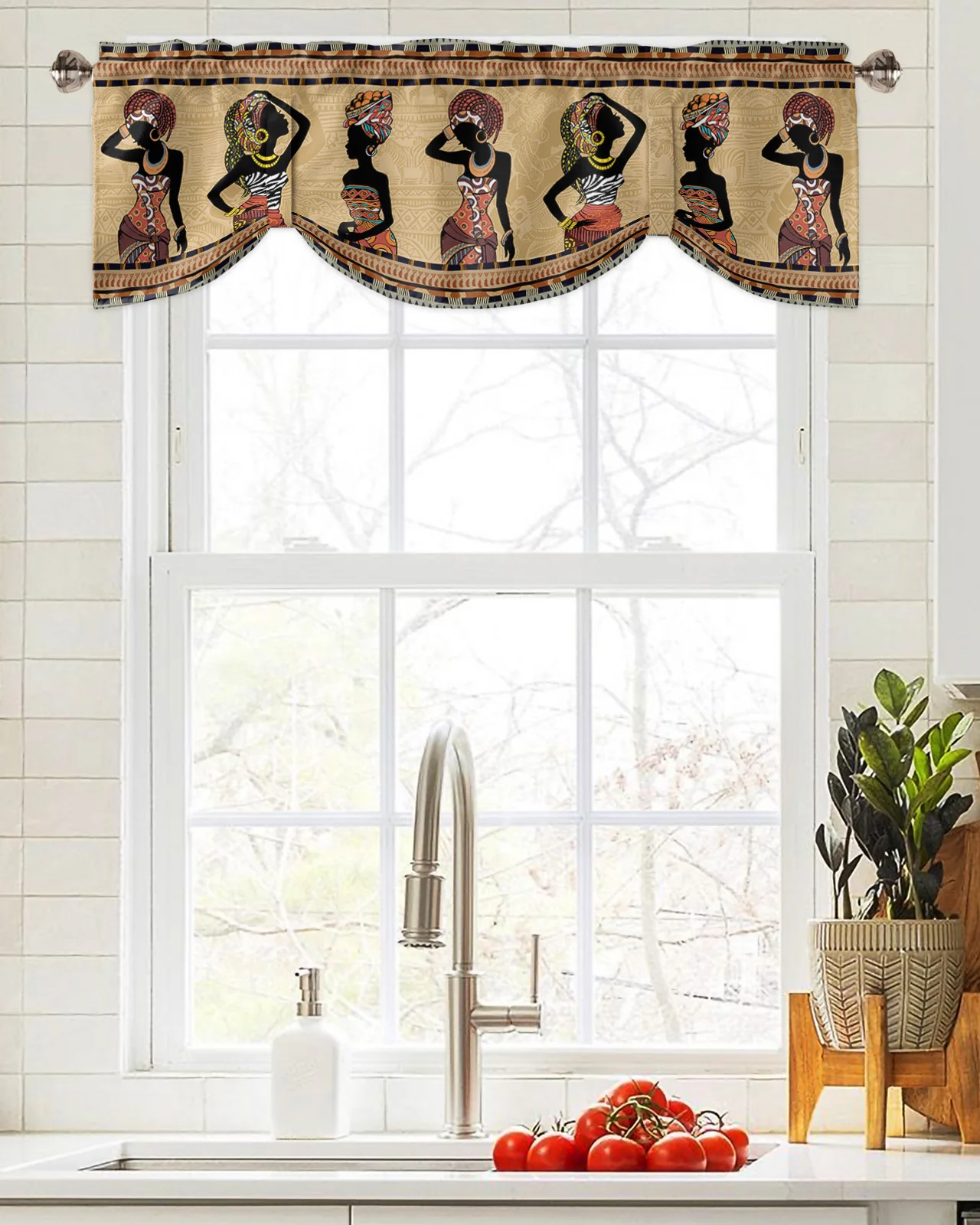 

Ethnic Style African Women Black Women Window Curtain Living Room Kitchen Cabinet Tie-up Valance Curtain Rod Pocket Valance