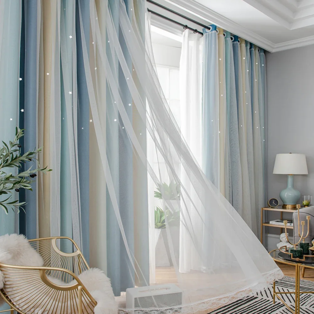 Ahoyikaa Shiny Hollow Stars Double Blackout Curtains Gradient Color Cloth White Sheer Yarn For Living Room Bedroom Decoration 4