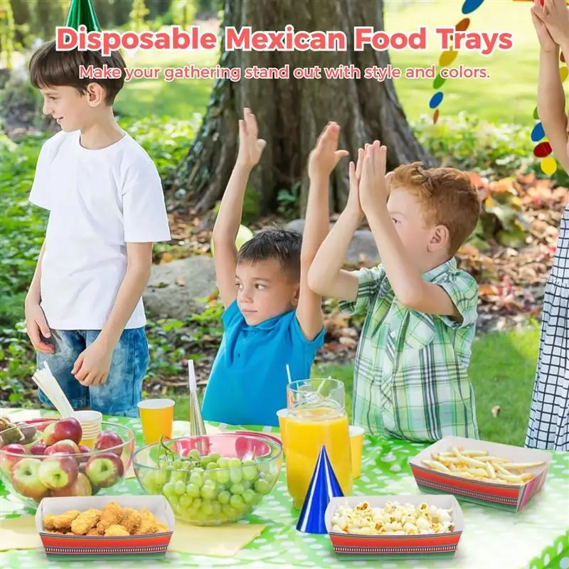 100Pcs Mexican Food Trays Disposable Snack Trays Paper Boat Holders Fiesta Party Favors Cinco De Mayo Supplies Food Serving Tray