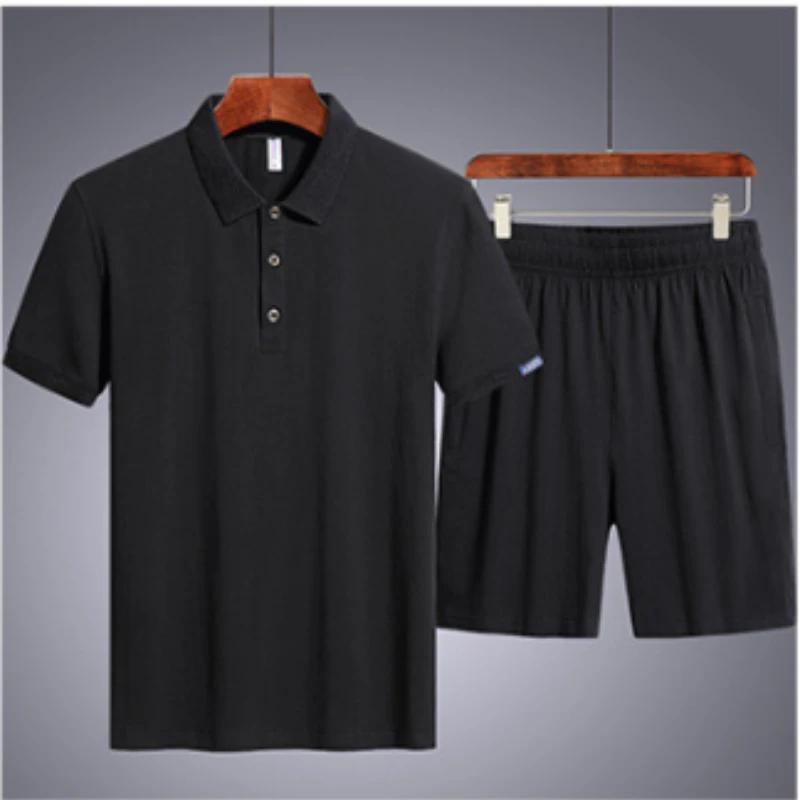 

（M-8XL ）Large Size Business Casual Polo Shirt Shorts Sports Suit Solid Color Cotton Plus Fertilizer Plus Size Two-piece Suit