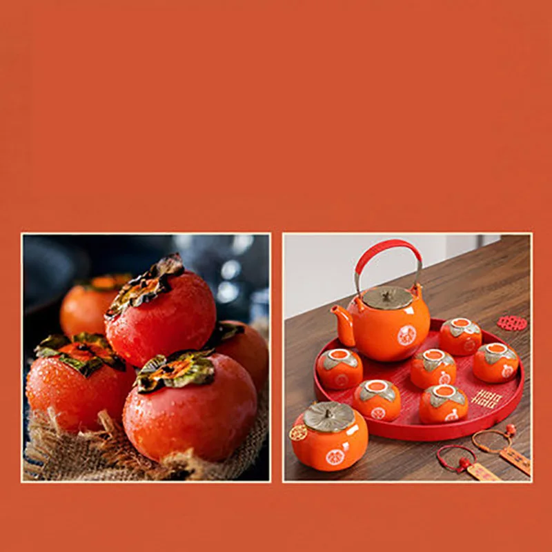 Household Double Happiness Tea Pot Set, Teacup Porcelain Kettle, Persimmon Canister, Red Wedding, Tea Storage Container