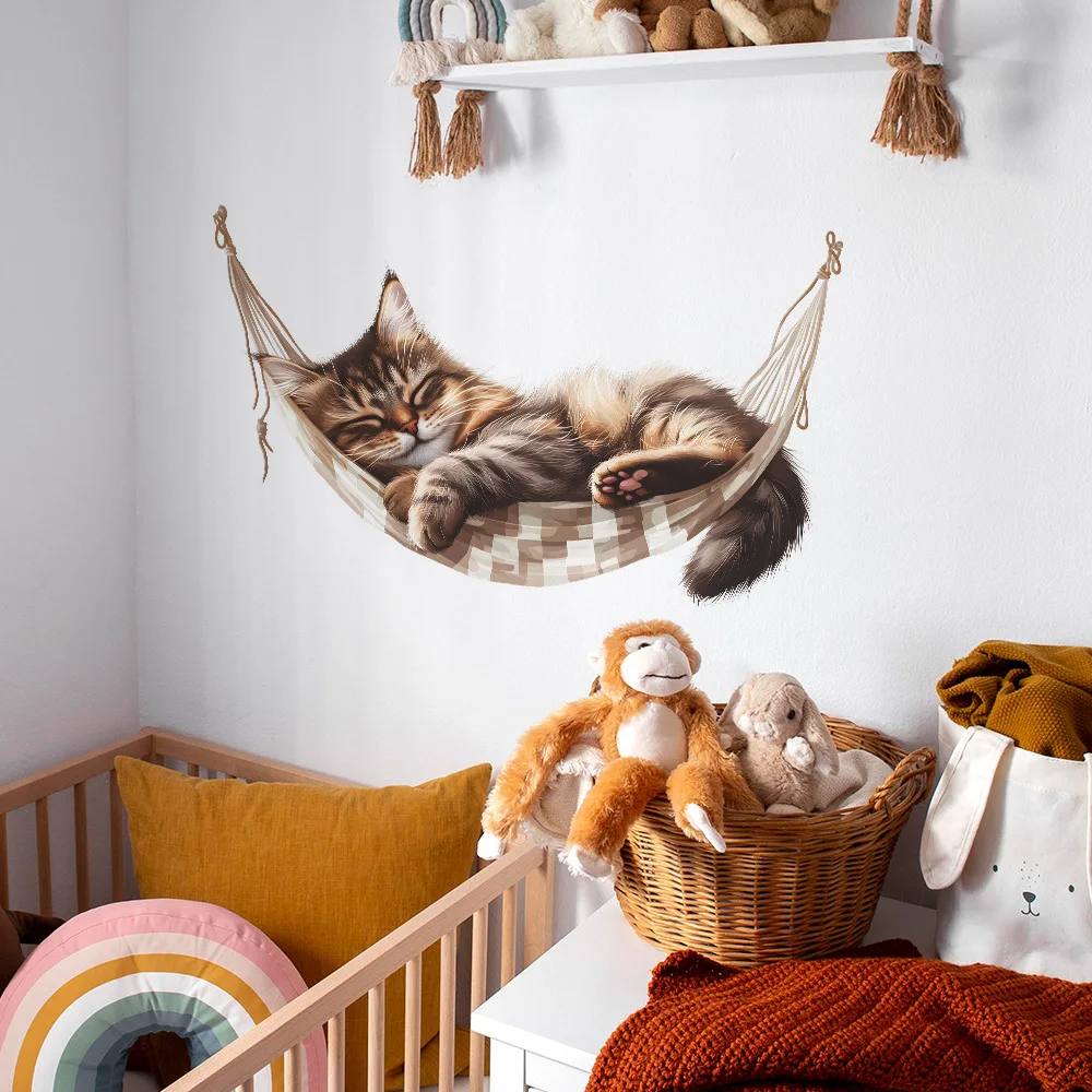 Creative Hammock Kitten Wall Stickers Kids Room Background Decor Wallpaper For Baby Bedroom Decoration Self-adhesive Home Decals wall stickers,luminous wall stickers,vinyl decal stickers,children room decoration