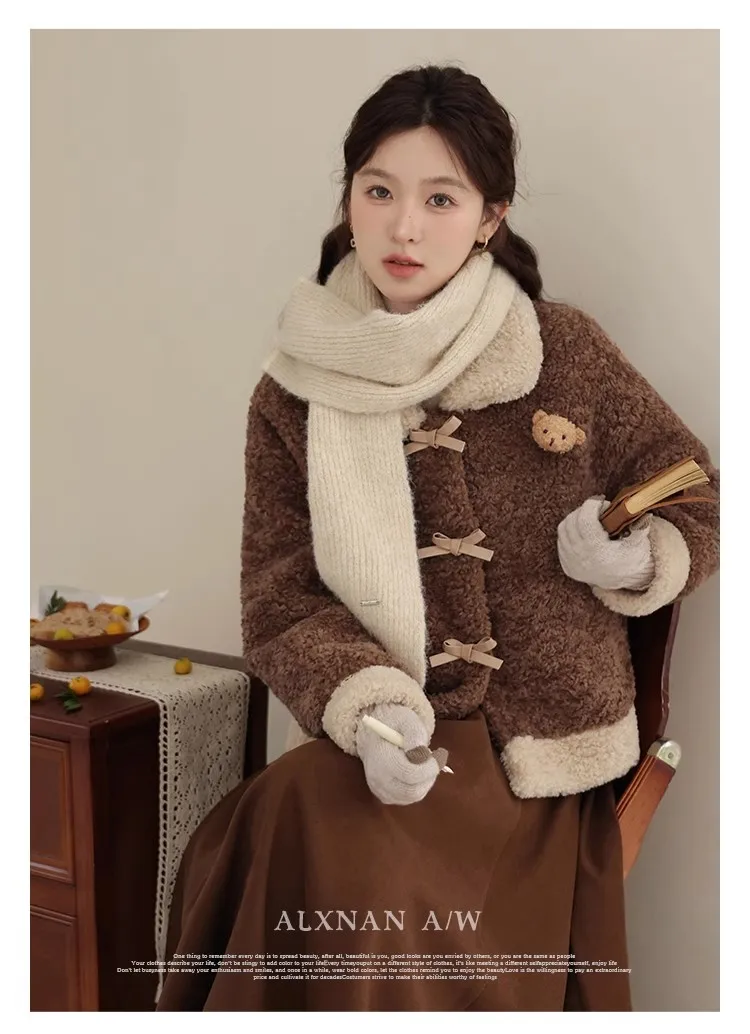 

Imitation Lamb Wool Splicing Design Women's Winter Short Jacket Warm Wool Temperament Outerwear Female Long Sleeve Coat