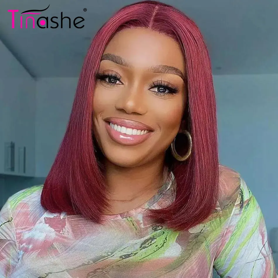 Tinashe 99j Burgundy Straight Bob Wig Glueless 6&times;5 Pre-Cut HD Lace Wig Pre Bleached Wear & Go Short Bob Human Hair Wigs