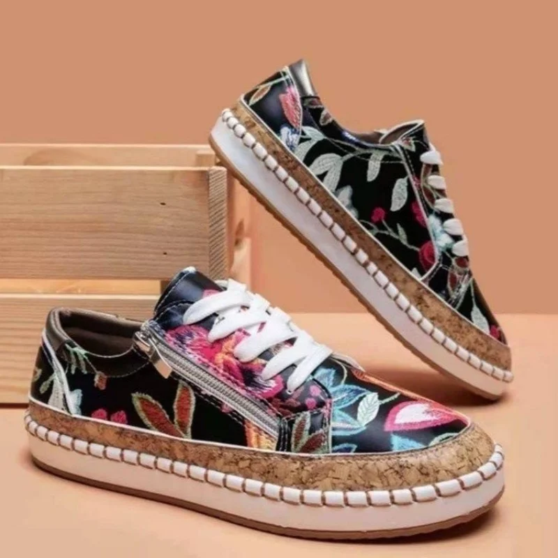 Women Sneakers Elegant Floral Printed Lace Up Female Flat Shoes Fashion Round Toe Lady Vulcanized Shoes Femme Casual Shoes 6