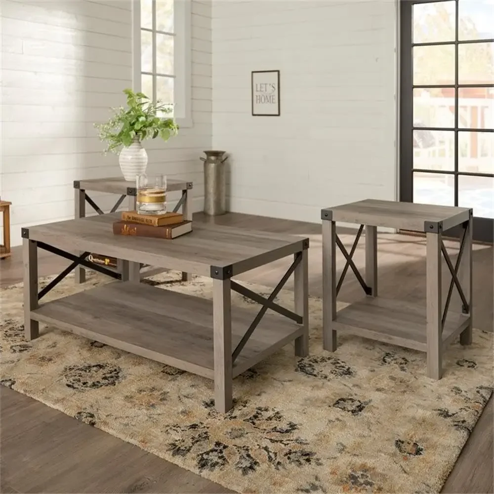 4 Piece Farmhouse Barn Door TV Stand Console Coffee Table and 2 End Table Living Room Set in Rustic Gray Oak 2