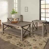 4 Piece Farmhouse Barn Door TV Stand Console Coffee Table and 2 End Table Living Room Set in Rustic Gray Oak 2