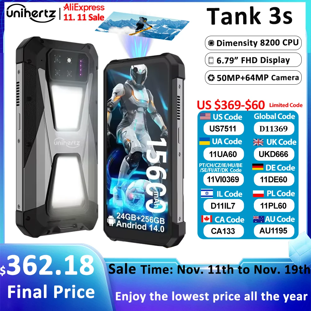 Unihertz tank 3s 8849 powered smartphone with projector 24/32GB