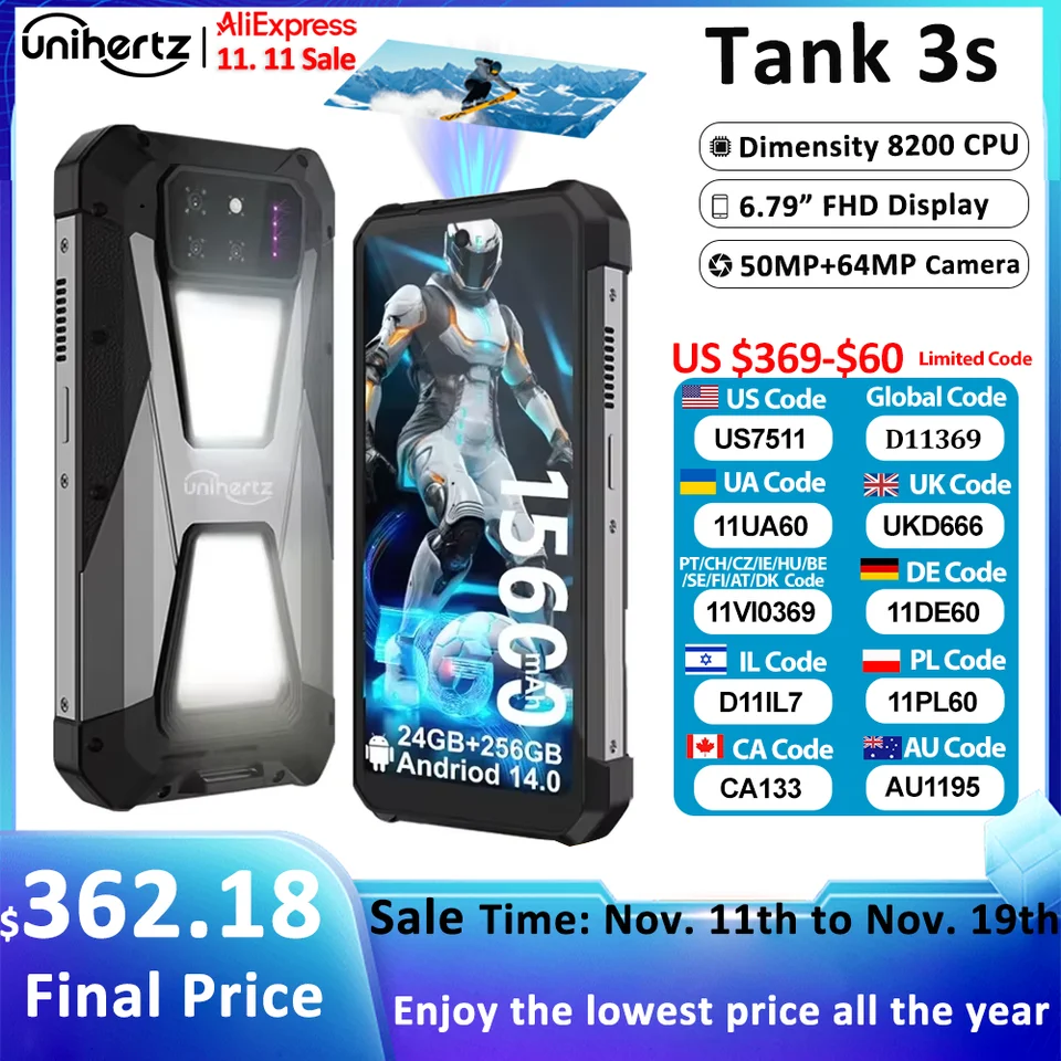 Unihertz tank 3s 8849 powered smartphone with projector 24/32GB