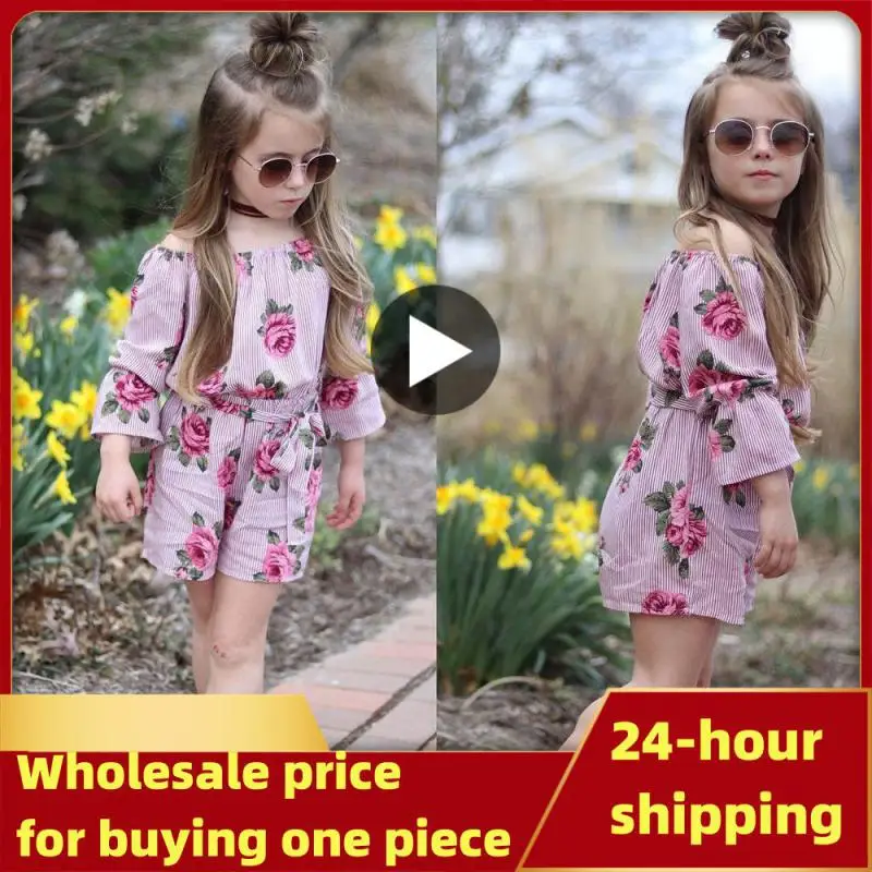 

Brand New Princess Baby Girl Floral Romper Off shoulder Flare Sleeve Bow Striped Jumpsuit Playsuit Outfit Sunsuit Clothes