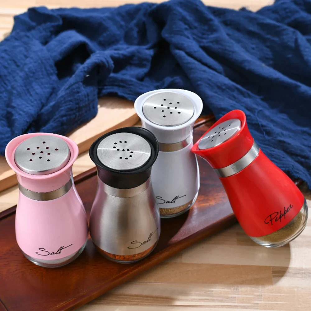 Cute Salt And Pepper Stainless Steel Glass Bottom Spice Dispenser Sea Salt Sugar Refillable Pepper Seasoning Cans Spice Jar