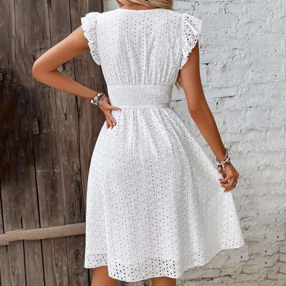 

Dress Elegant Ruffle Midi Dress with V Neck Elastic Waist for Women A-line Cutout Design for Dating Shopping Summer V-neck
