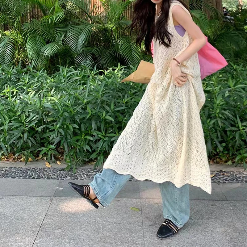 New Elegant Hollowed Out Sun Protection Knitted Cardigan Sweater Summer Elegant Solid Color Women's Sleeveless Long Smock