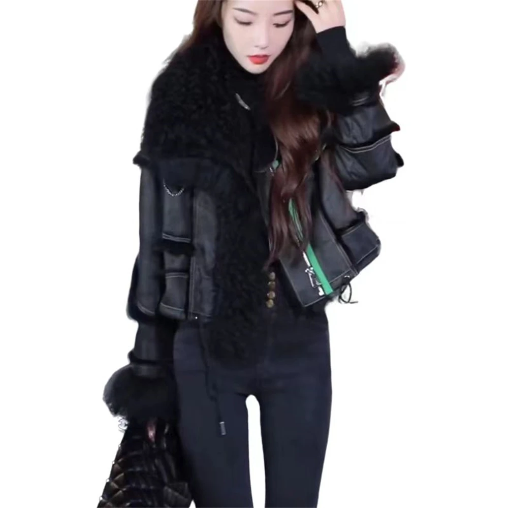 

2024 Liner Furry Thickened Faux Fur Integrated Cotton-Padded Coat Streetwear Warm Coat Winter Jacket Lamb Fur Lapel Long Sleeve