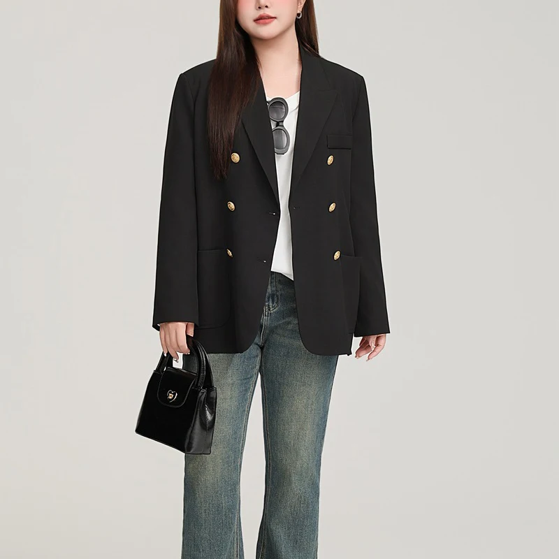 Plus Size OL Blazer 2025 Autumn French Commuter Premium Wide Shoulder Gold Buckle Business Women Suit Coat