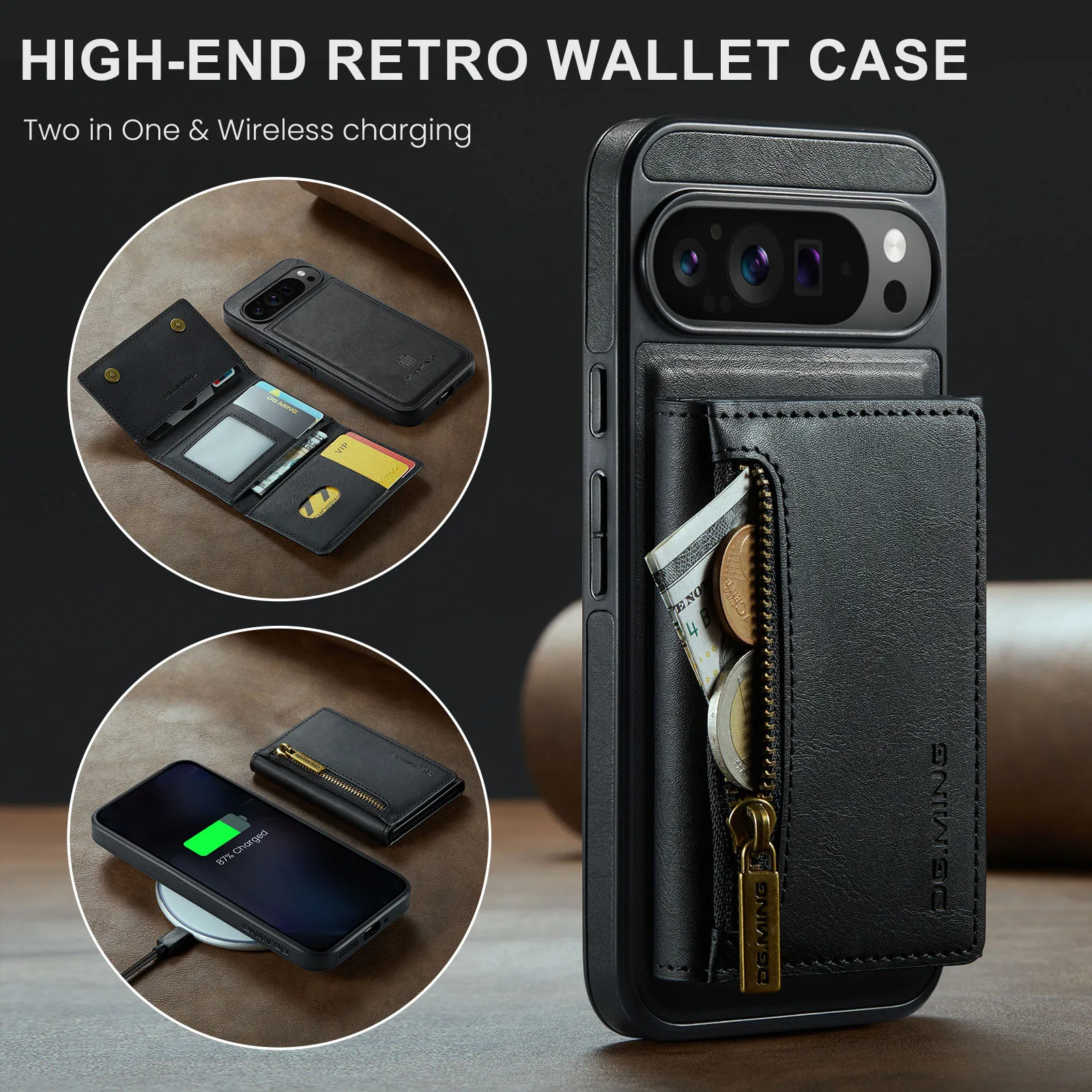 Magnetic PU Leather Wallet Phone Case with Shockproof Card Holder and Zipper Pocket Cover