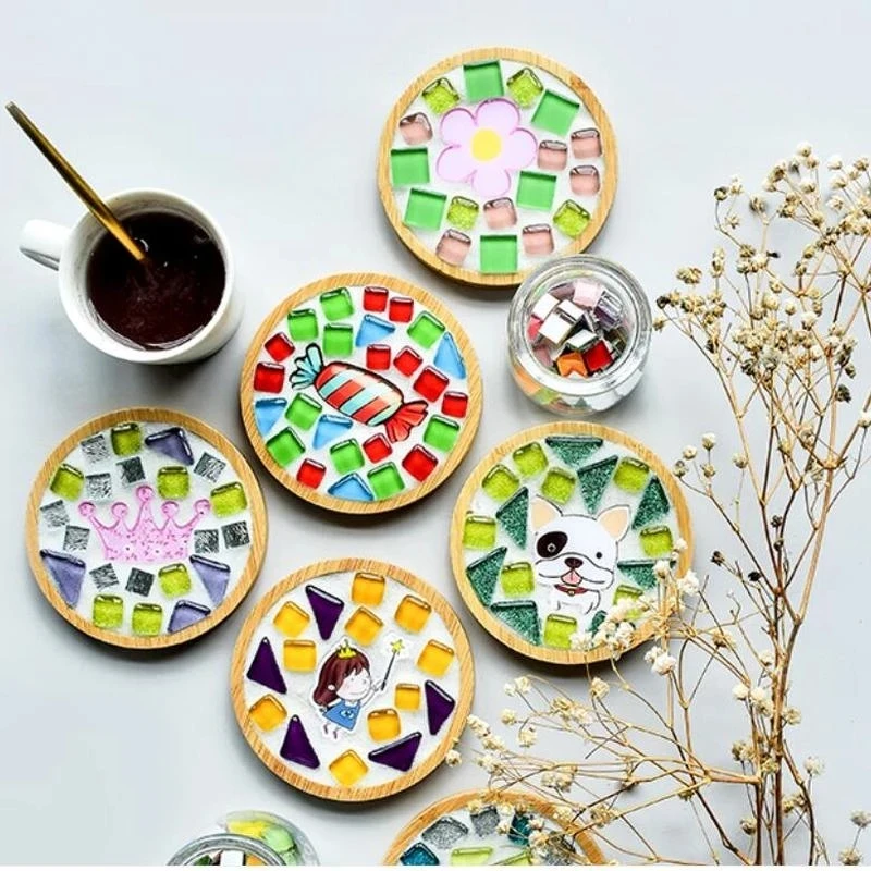 Handmade DIY Mosaic Cup Mat Bottom Bamboo Pad Heart Square Coaster