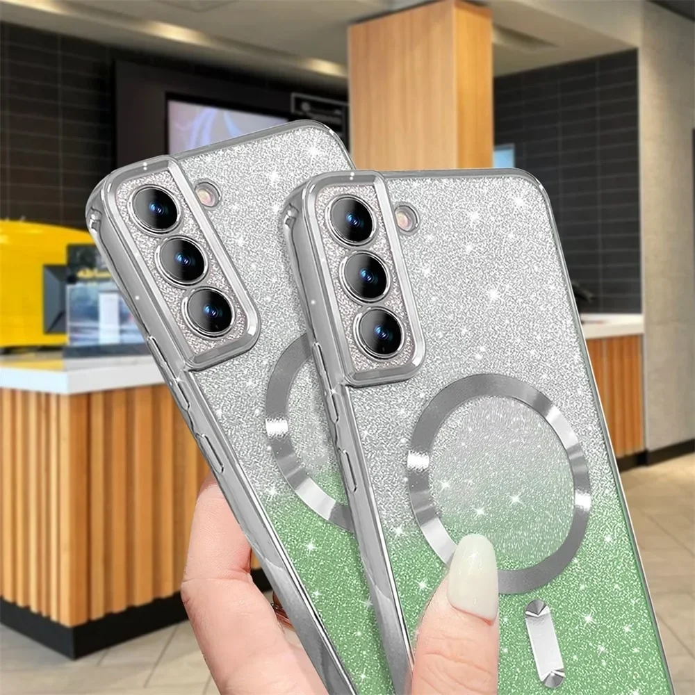 Glitter Magnetic Case For Samsung Galaxy S26 S24 Ultra S23 S22 S21 S25 Plus S20 FE A56 A55 A36 A17 Plating Wireless Bright Cover