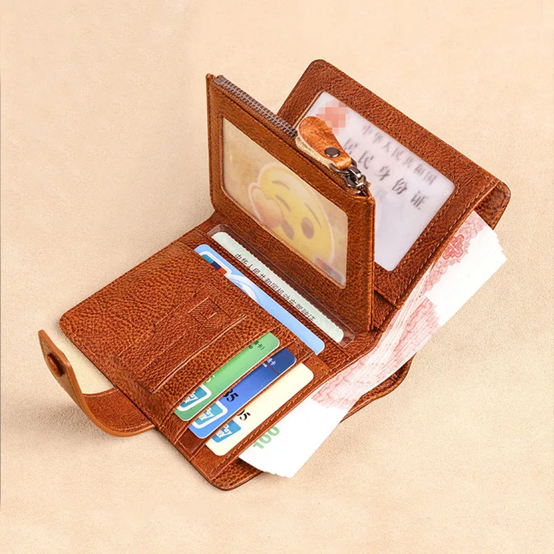 Wallet Men's anti-theft swipe card vertical vintage leather multi-functional zip fastener Men's leather wallet Card bag