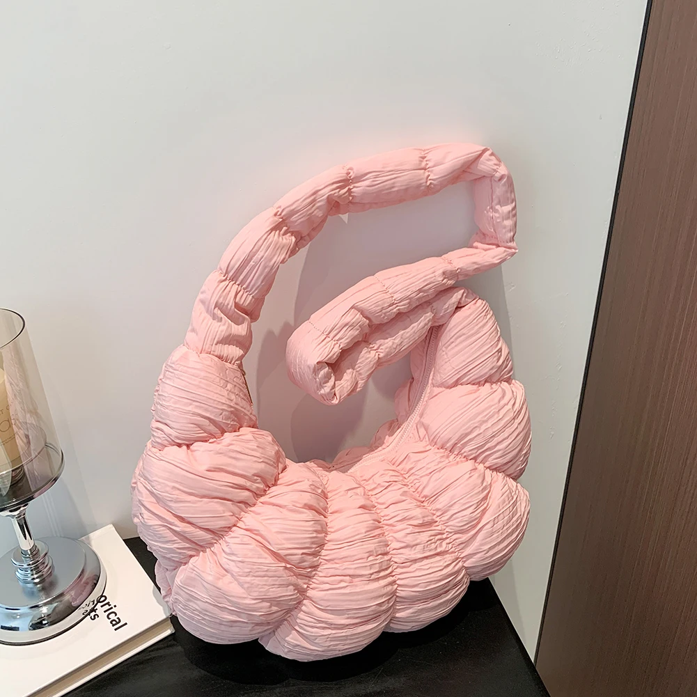 Women Pleated Underarm Bag Fashion Cloud Shoulder Bag Large Capacity Simple Shopping Bag Solid Color Quilted Dumpling Bag
