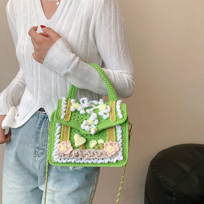 女性用の小さな四角いニットバッグ,手作りのかぎ針編みの