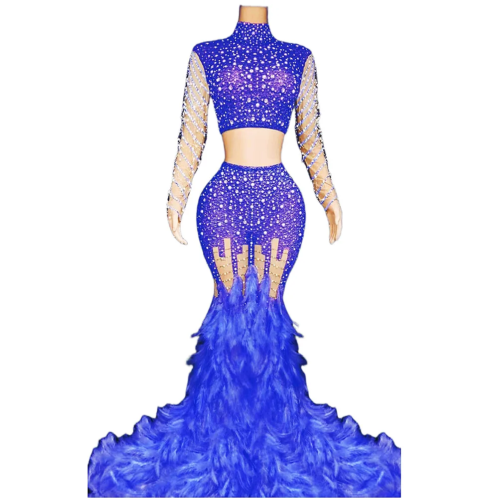 

Multicolored Shining Pearl 2 Pcs Set Top Long Feathers Dress For Women Evening Prom Wedding Party Wear Stage Drag Queen Costumes