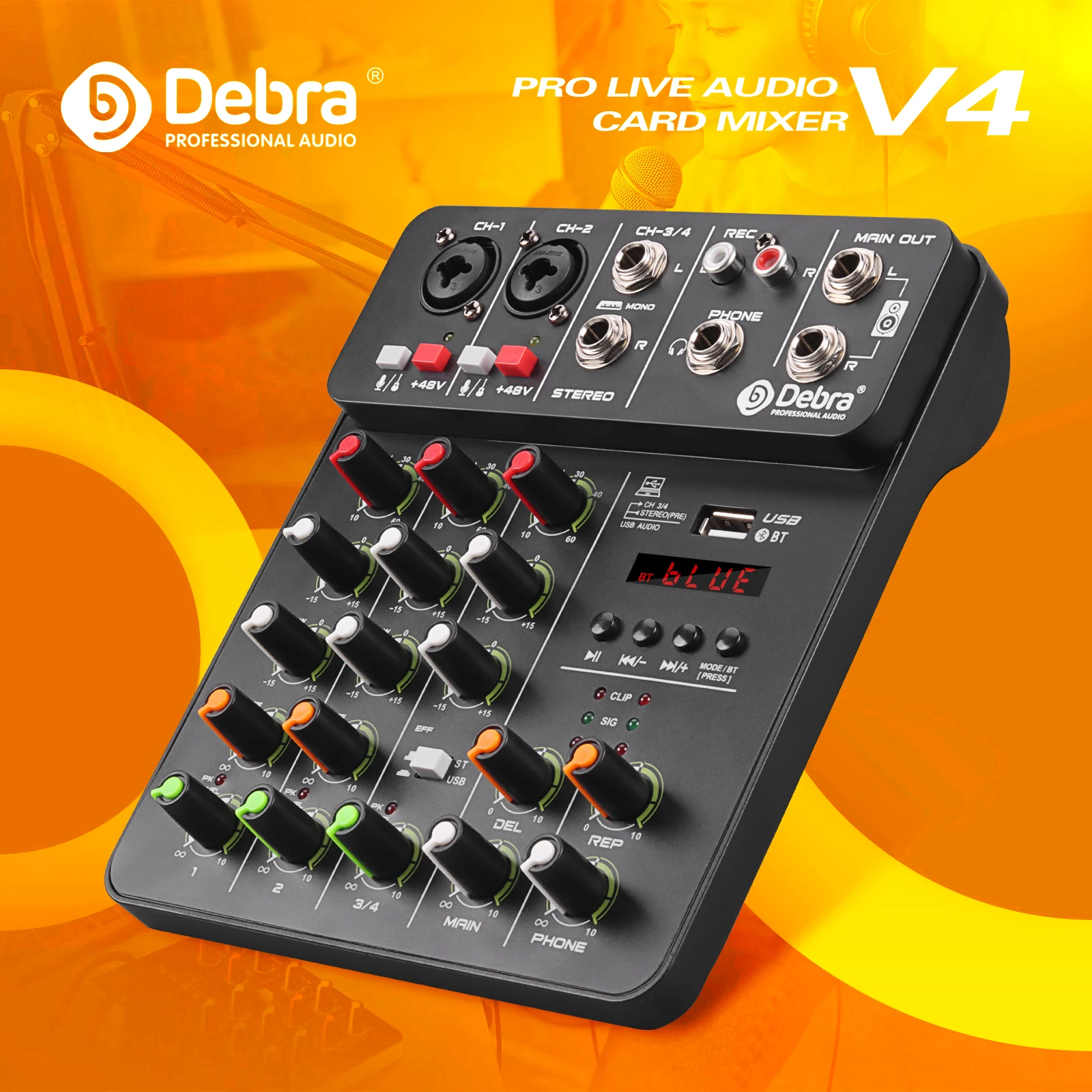 

Аудио микшер Debra V4 4-канальный с Bluetooth, USB, 48 В, фантомное питание, эффект задержки, для звуковой микшерной консоли, для записи на ПК