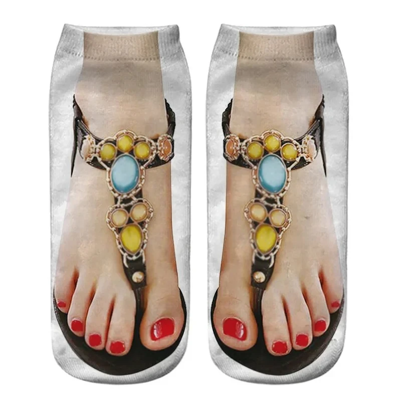 Funny 3D Printed Socks Flip Flops Slippers Sandals Skull Shoe Pattern Summer Cute Kawaii Low Short Soft  Ankle Beach Floor Socks