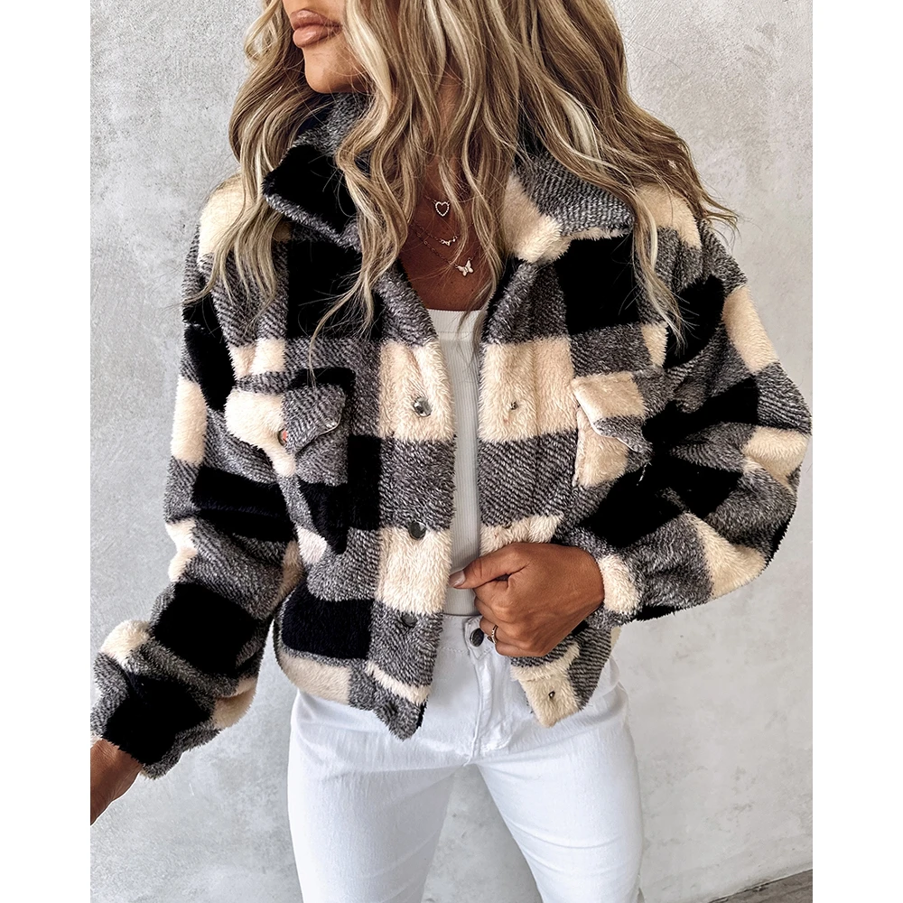Autumn Winter Casual Women Plaid Print Colorblock Fleece Teddy Coat Femme Pocket Design Turn-down Collar Jackets Free Shipping