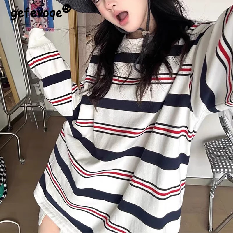 

2024 Women's Trendy Vintage Striped Oversize Casual Streetwear T-shirts Y2K Harajuku O Neck Long Sleeve Tunic Tops Ropa De Mujer