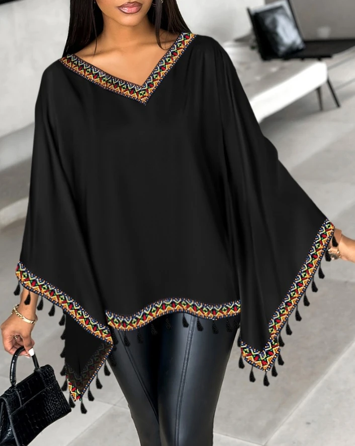 Women Fashion Spring Summer Blouses Tops Casual Daily Loose V-Neck Aztec Geometric Tape Patch Tassel Batwing Long Sleeve Top