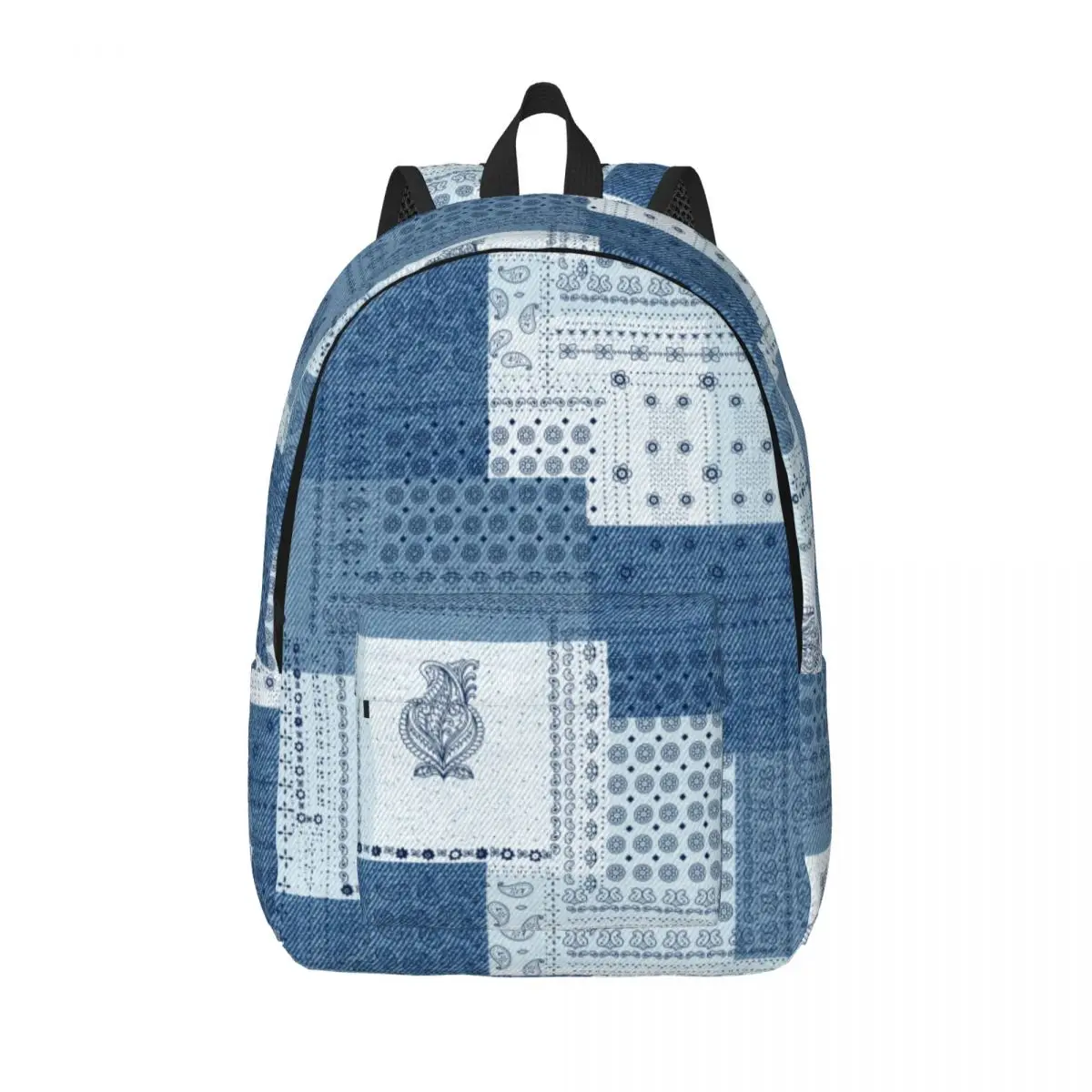 

Denim Patchwork Paisley Pattern Cool Backpack Outdoor High School Business Daypack for Men Women Laptop Shoulder Bag