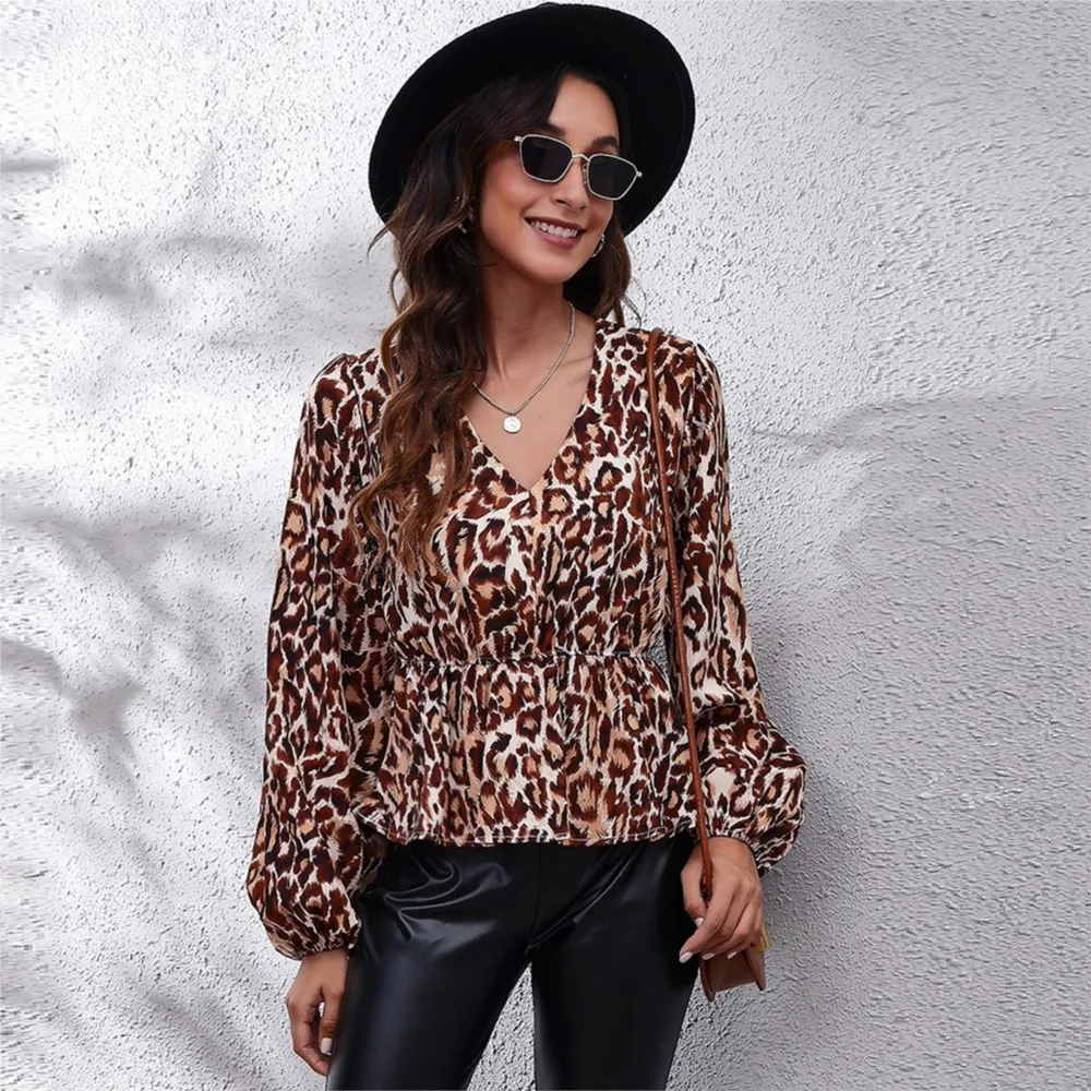 

Elegant Shirts & Blouse Women 2023 Autumn New Casual V-neck Ruffles Splic Hem Lantern Sleeve Womens Leopard Print Blouse Tops