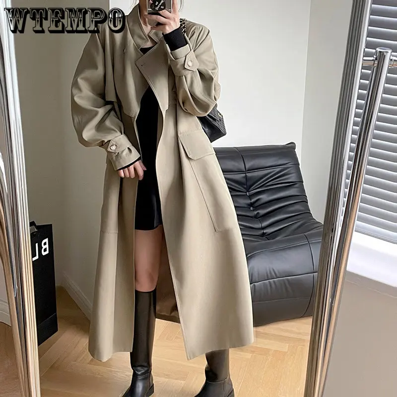 

WTEMPO Vintage Elegant Fashion Long Trench Windbreaker Women New Korean Casual Loose Belt Stand Collar Pockets Jackets Coats