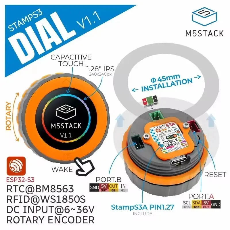 M5Stack Officail Dial v1.1-ESP32-S3 Smart Rotary Knob w 1.28" Round Touch Screen image 1