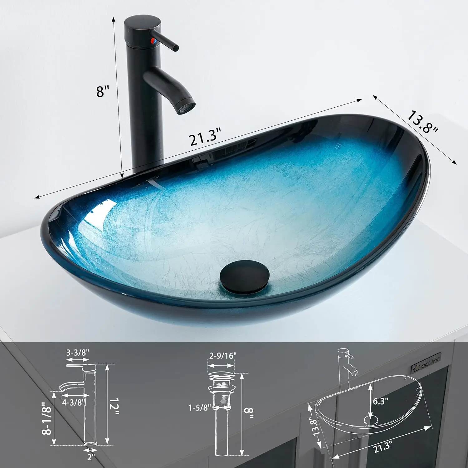 21.5"Bathroom Vessel Sink Modern Artistic Single Blue Boat Tempered Glass Basin Countertop Bowl Sink for Lavatory Vanity Cabinet 6