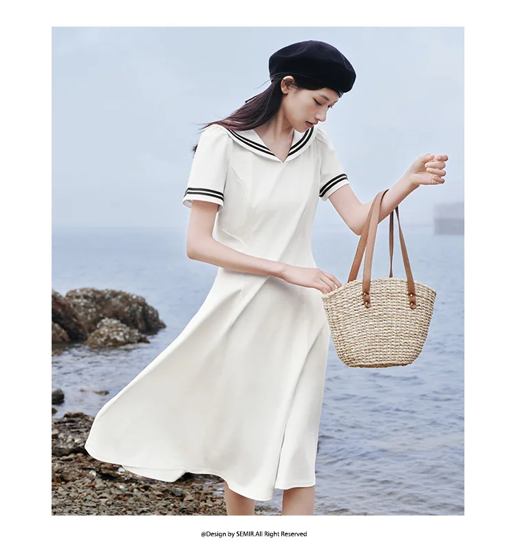 Dress Women Navy Collar With A Collegiate And Artistic Style Summer New White Moonlight Waist-Cinched Long Dress
