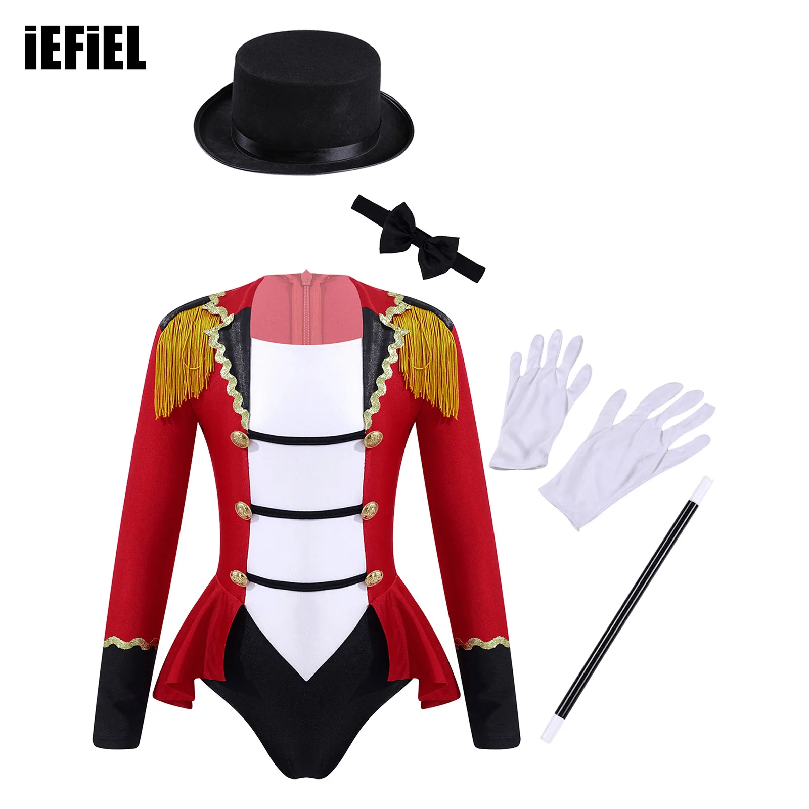 

Kids Girls Circus Costume Set Long Sleeve Lapel Tassel Shoulder Leotard with Bow Tie Hat Magic Wand Gloves for Halloween Cosplay