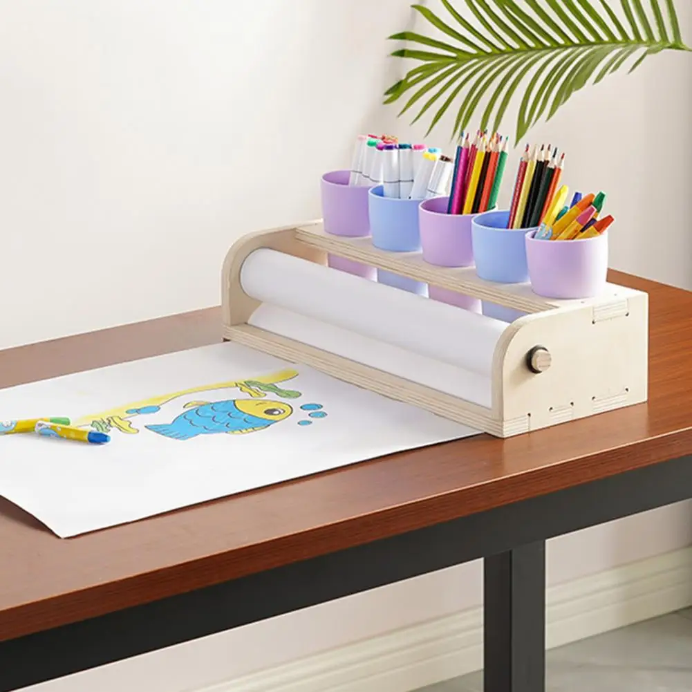 Wooden Paper Dispenser Desktop Paper Roll Holder Drawing Roll Organizer with Pen Holder for School Art Studio Home