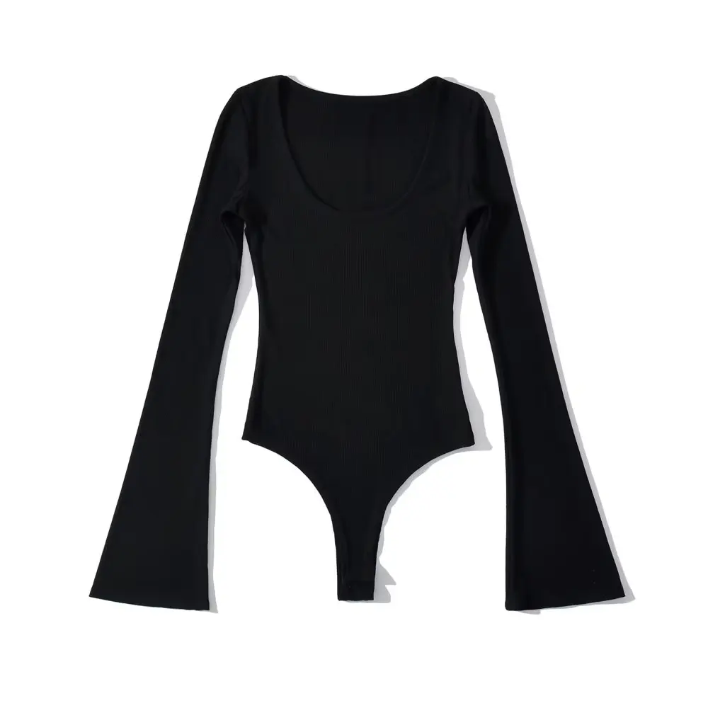 Women Flare Sleeve Knitted Bodysuits Spring Autumn Elegant 4 Colors Black White Jumpsuits Stretchable Slim Tops