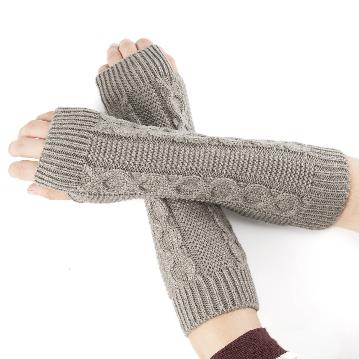 Ladies Woven Pattern Half-finger Gloves Women Knitting Mittens Warm Arm Sleeve Mid-length Fingerless Gloves