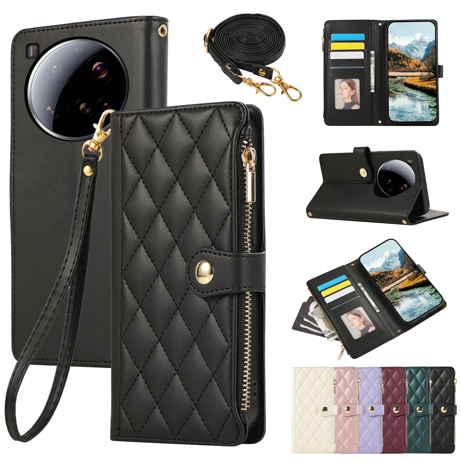 Elegant Crossbody Leather Wallet with Zipper and Diamond Design