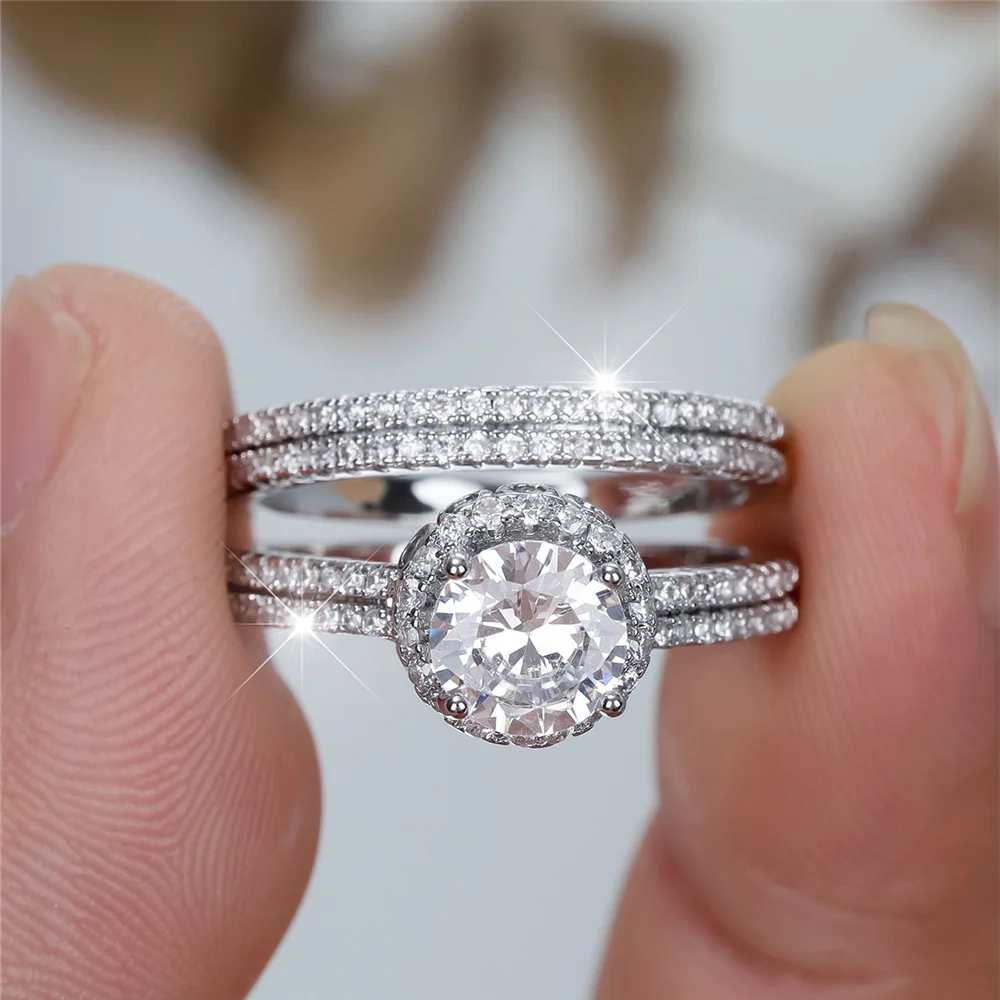 Crystal Female White Zircon Round Stone Ring Set Fashion Luxury Silver Color Bridal Wedding Engagement Jewelry For Women