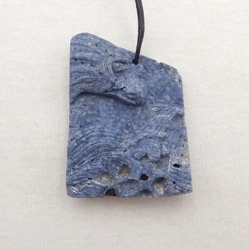 Semiprecious Natural Stone Blue Coral Carved Animal Pendant Bead Fashion Jewelry Necklace Accessories 51x39x12mm 29g