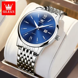 OLEVS Luxury Luminous Waterproof Men's Stainless Steel Quartz Watch with Calendar (Silver Blue)